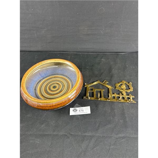 Vintage Brass Key Holder & 8" x 3" Pottery Bowl
