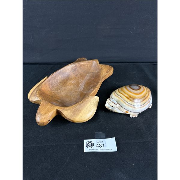 Vintage 7" Stone Carved Turtle & 10" Wood Sea Turtle Dish.