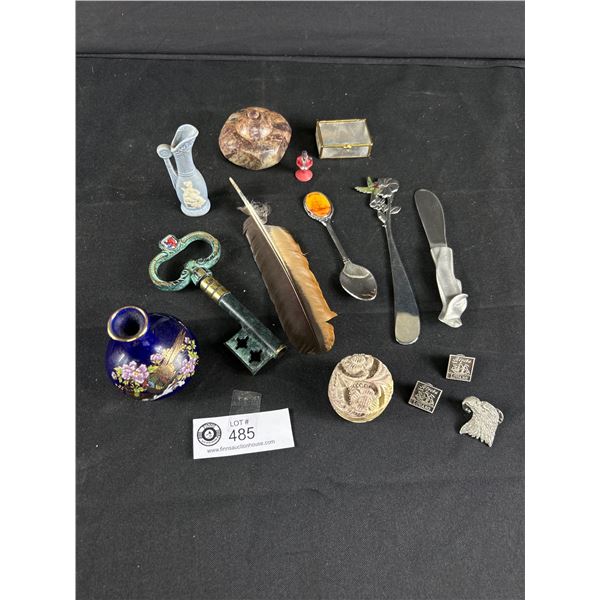 Vintage Lot Of Various Trinkets - Pins, Tiny Vases, Carved Stone & More