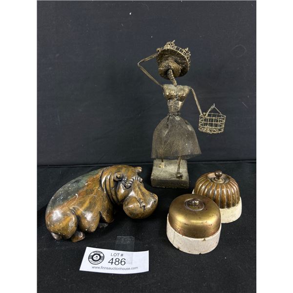 Vintage Porcelain/Brass Light Switches, Stone Carved Hippo & Barbados Souvenier