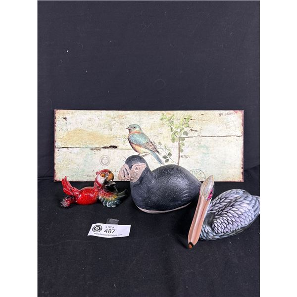 Home Décor Lot - Tin Sign, Wood Pelican, Kenya Stone Pelican & Whimsical Parrot
