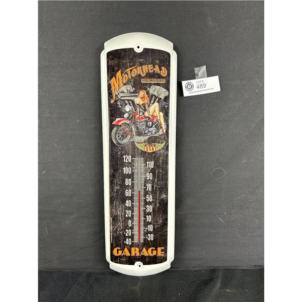 Tin Motorhead Garage Thermometer. Approx. 17" H