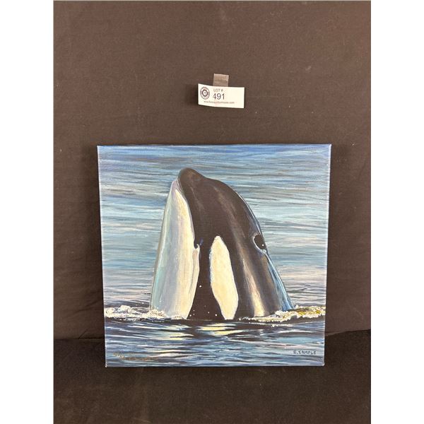 Ltd Ed. 39/50 Signed Ester Sample B.C. West Coast Artist, Orca Painting Print On Canvas. Approx. 12"