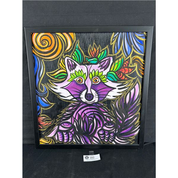 Framed & Signed Colourful Raccoon Painting On Wood. Approx. 17 1/2" x 19"