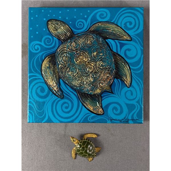 2014 Signed SeaTurtle Oil Painting On 12" x 12" Canvas & Plastic Sea Turtle Figurine