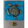 Image 1 : 2014 Signed SeaTurtle Oil Painting On 12" x 12" Canvas & Plastic Sea Turtle Figurine