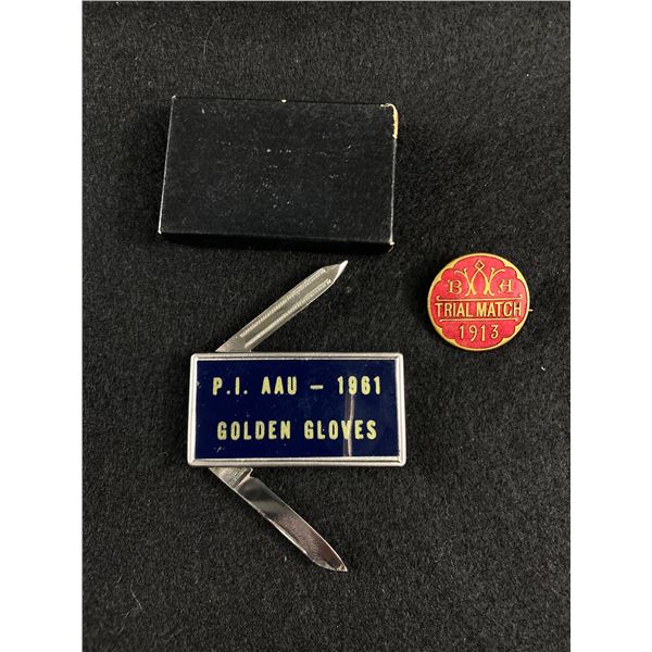 P.I. AAU-1961 Golden Gloves MoneyClip/Knife & 1913 Trial Match Pin