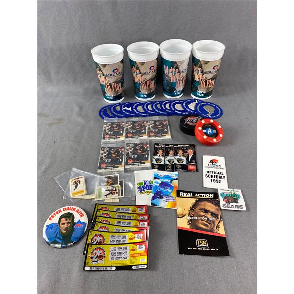 Assorted Collectibles - SFU Silver Anniversary Patches, Pro Set Hockey Cards, GM Place Cups & More
