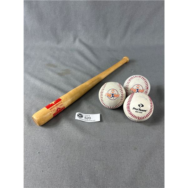 3 Baseballs, 1 Is Signed & Mini 1989 Vancouver Canadians Wood Bat