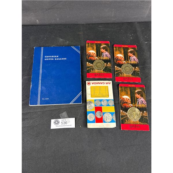 Canadian Silver Dollars Folder (Empty), 1969 Air Canada Currency Converter & 3 Harry Potter Gringott