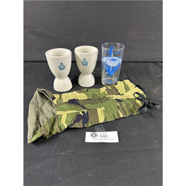 2 Vintage RCAF Double Egg Cups, NASA Glass & Camo Bottle Carrier