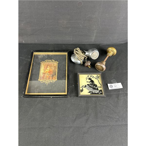Vintage Lot - 1925 Reverse Silhouette Foil Art (4.5" x 4.5") Brass Door Knobs, Electric Lighter (As 