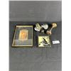 Image 1 : Vintage Lot - 1925 Reverse Silhouette Foil Art (4.5" x 4.5") Brass Door Knobs, Electric Lighter (As 