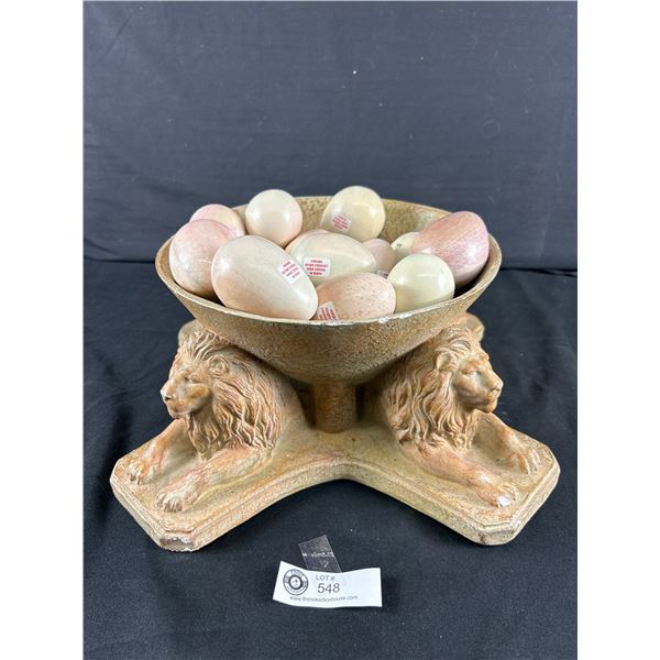 Very Heavy 16" Ceramic Lions Bowl w/ Kenya Hand Carved Stone 3" Eggs.