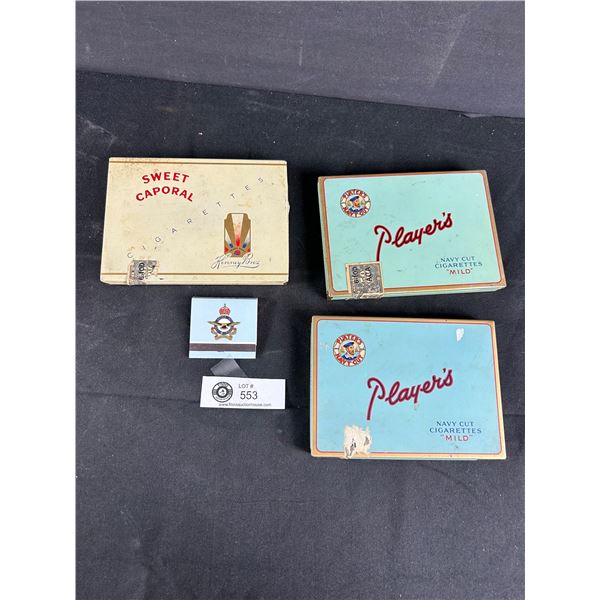 2 Vintage Player's & 1 Sweet Caporal Cigarette Tins + Van. B.C AirForce Matchbook