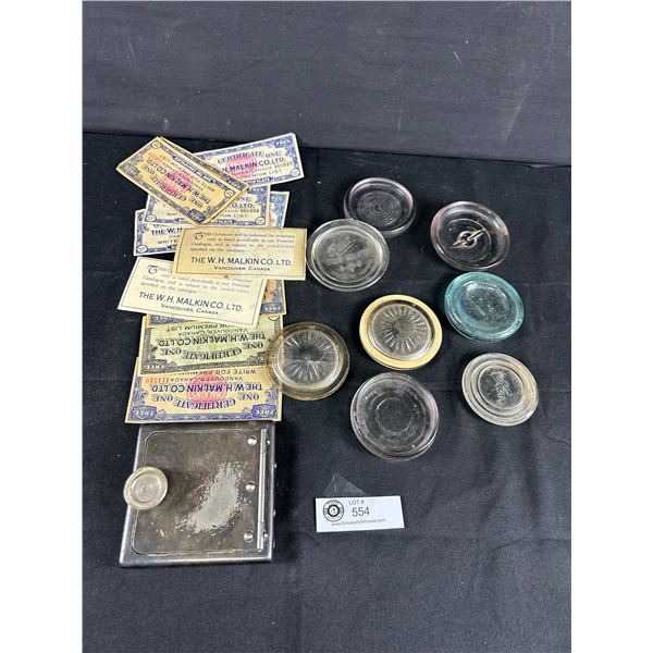 Lot Of Vintage Watkin Coupons, Glass Canning Lids & Cannistor Cover