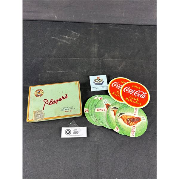 Vintage Player's Cigarette Tin, Coke Drink Coasters & 1 Van.B.C AirForce Matchbook