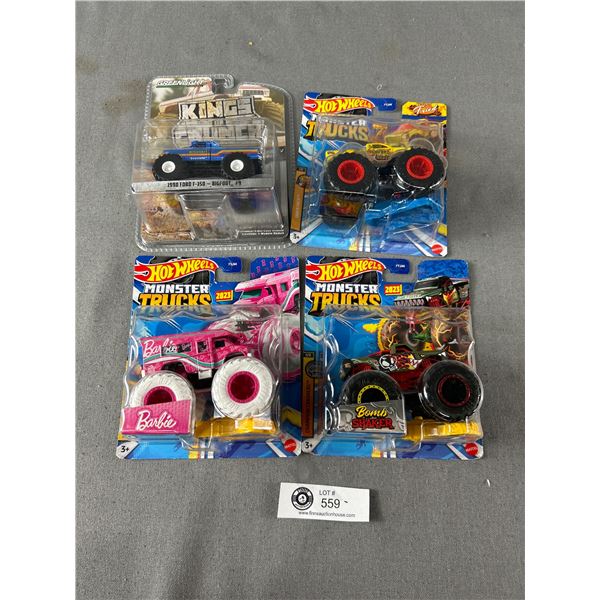 3 HotWheels Monster Trucks & 1 Greenlight Kings Of Crunch Die-Cast Vehicles In Original Package