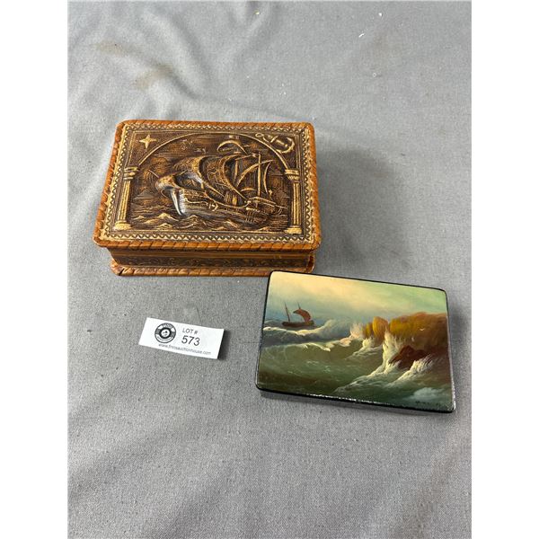 2 Vintage Trinket Boxes. Largest Is Genuine Leather. Made In Spain. Smallest Is Laquered Wood