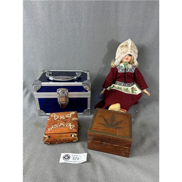 Porcelain Dutch Doll w/ Wood Shoes & Misc Trinket Boxes