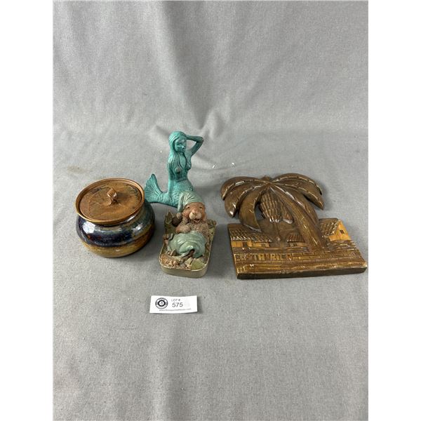 Assorted Home Décor - Heavy Metal Mermaid, Pottery Bowl, Sleeping Resin Critter & Costa Rica Plaque
