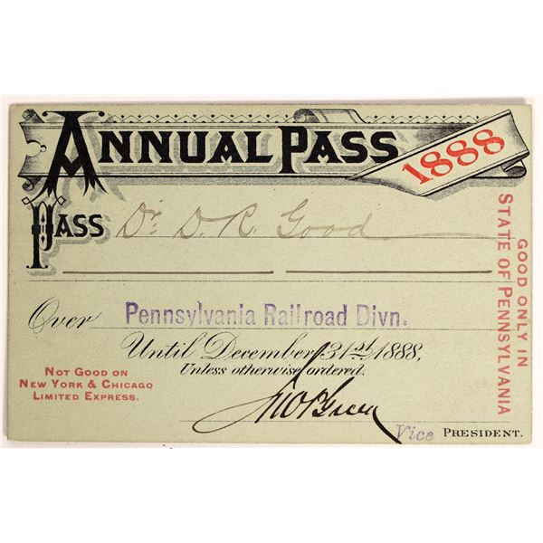Pennsylvania RR Divn. Good Only in PA Pass, 1888  [180018]