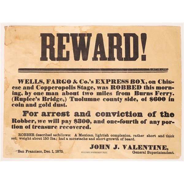 Wells Fargo Reward Poster, Copperopolis Stage, Unknown Bandit, 1875  [181997]