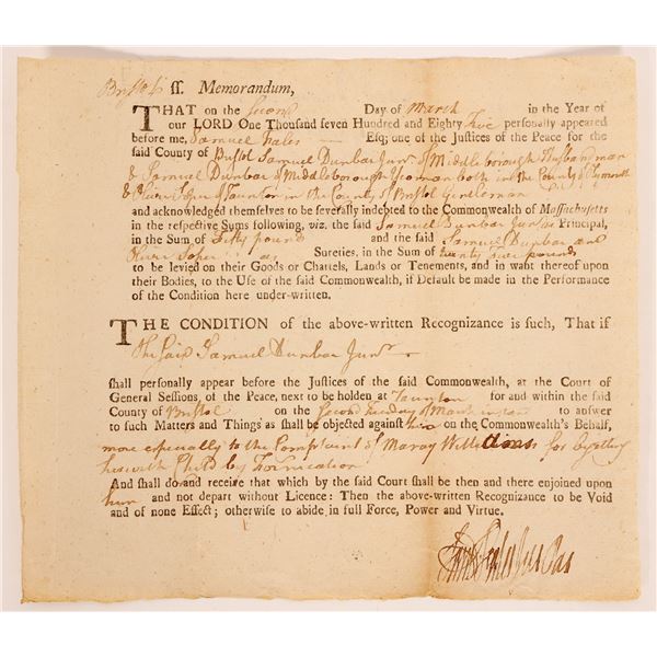 Bond Posted for Charges of Fornication, 1785  [182305]
