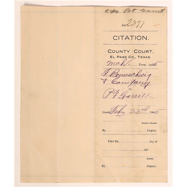 Lincoln Co. War - Pat Garrett Court Citation 1905  [182350]