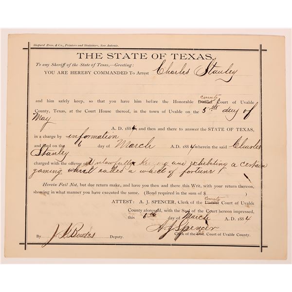 Outlaw & Lawman Deputy Sheriff King Fisher Signature 1883-Rare!  [182722]
