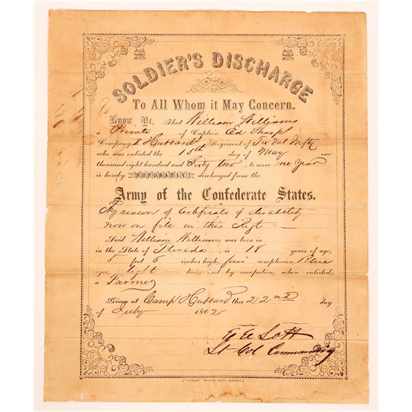 Civil War Confederate Soldier Discharge 1862  [182302]