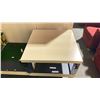 Image 2 : MAPLE TOP 57"W X 28 1/2"D METAL FRAMED COCKTAIL TABLE & 2 MAPLE TOP 28 1/2" SQUARE X 13 1/2"H END