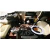 Image 1 : BROWN WOOD PATTERN 2 DRAWER DESK WITH ASSORTED ELECTRIC LAMPS AND MOUNT DOG 18" LED RING LIGHT