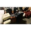 Image 2 : BROWN WOOD PATTERN 2 DRAWER DESK WITH ASSORTED ELECTRIC LAMPS AND MOUNT DOG 18" LED RING LIGHT