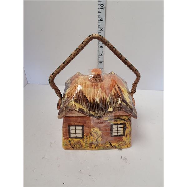 House cookie canister/jar with wicker handle