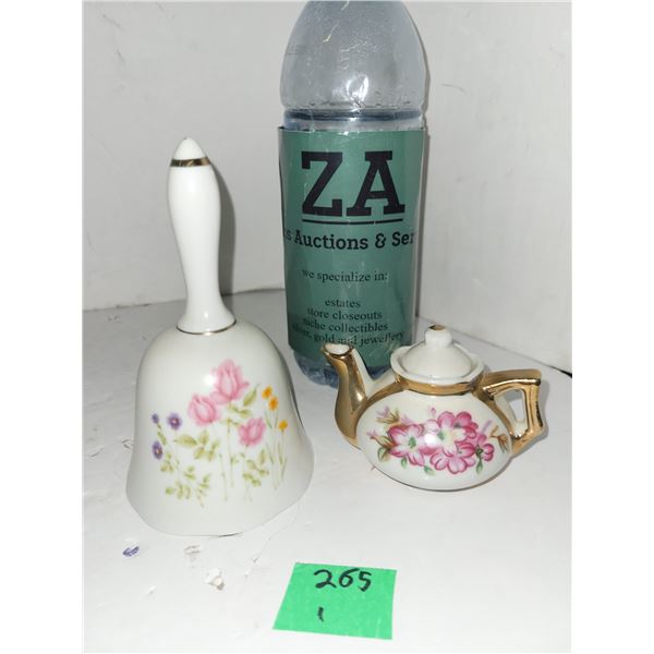 Mini teapot with pink flowers & Bell with pink flowers