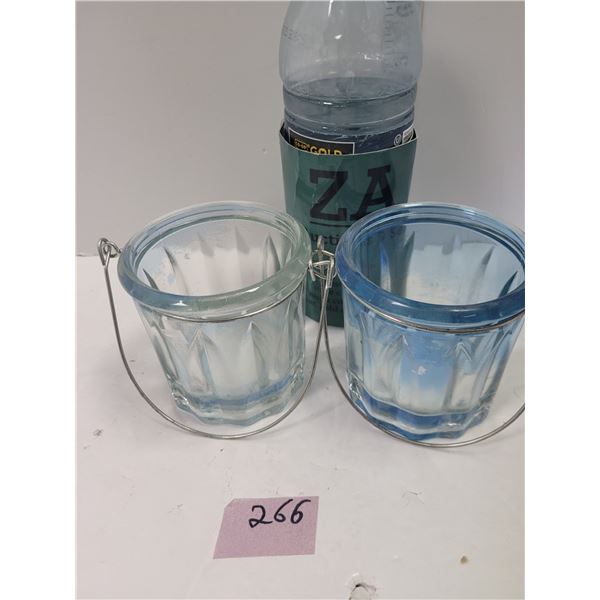 2 candle holders - blue glass with metal handles