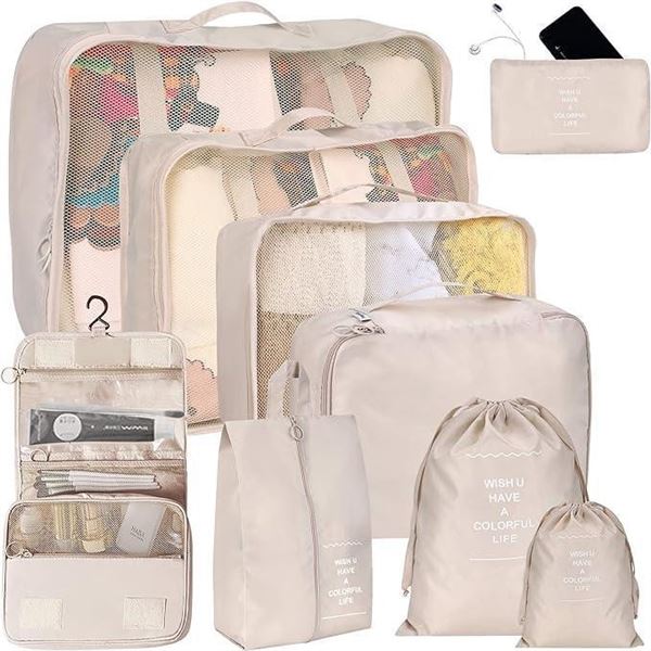 Kingdalux Packing Cubes for Suitcases 9 Set, Compression Storage Travel Luggage Organizers, with Toi