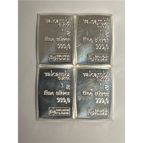 Valcambi Suisse issued set of 4 x 1g, .999 Silver Wafer bars
