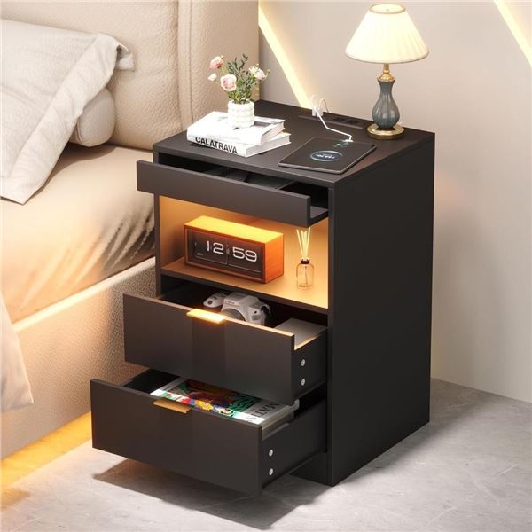 Yusong LED Nightstand Bedside Table with Charging Station 2 Drawers, Black Modern Sofa Couch End Sid