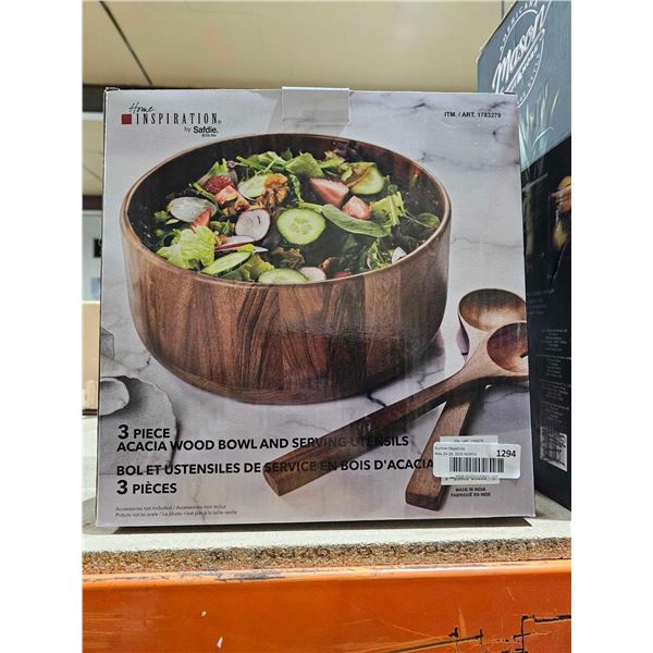 Home Inspiration by Sadie 3 Pc Acacia Wood Bowl and Serving Utensil Set