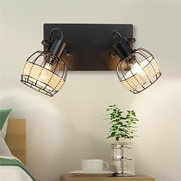 DLLT Vintage LED Track Lighting Kit, 2 Lights Rattan Caged Wall Light Fixture, Industrial Track Ceil