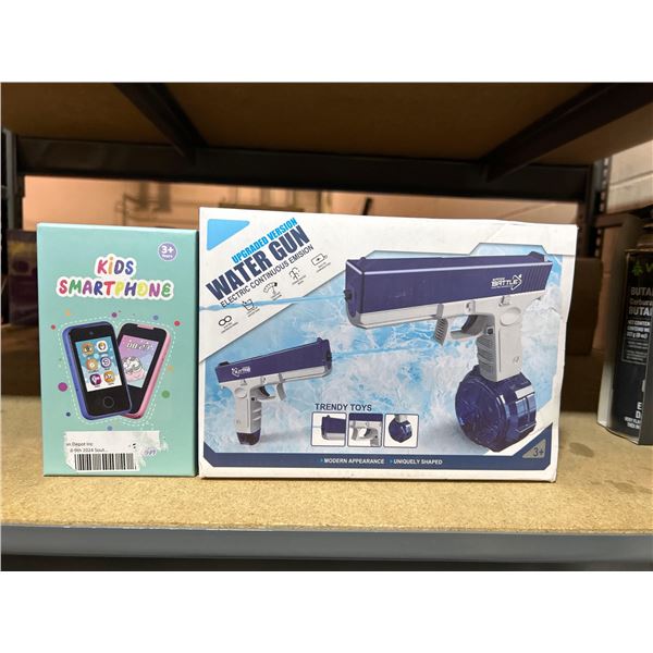 Combo lot of kids smartphone cell phone toy, and electric water gun with continuous shooting functio