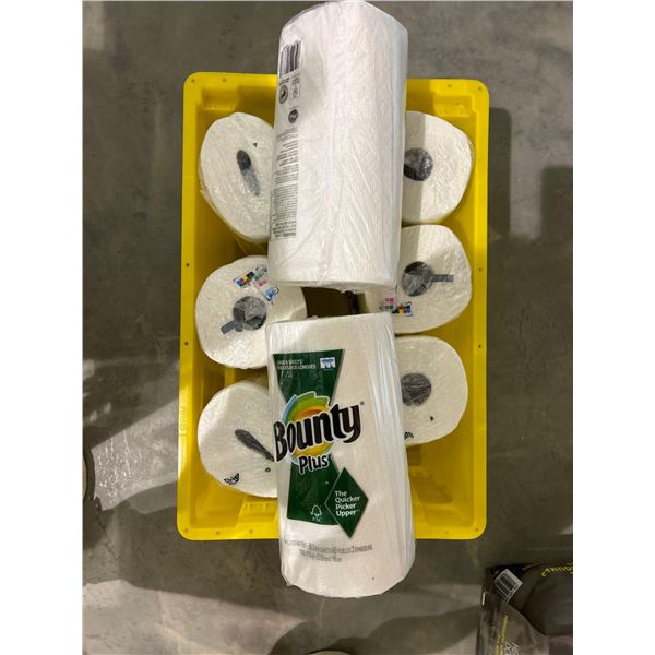 Bin of 8 rolls of Bounty Plus paper towels, bin included