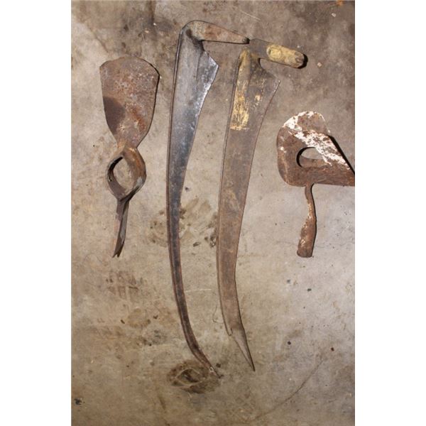 U bolt shackle,  hand scythe, axe/hoe head, saw