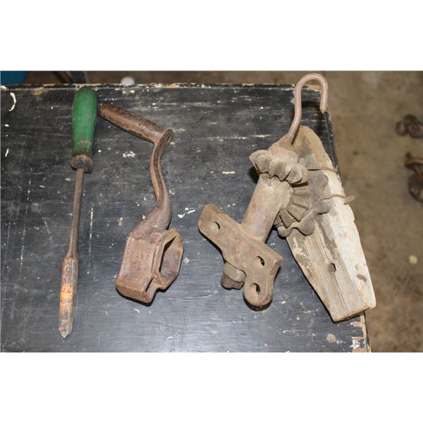 Vintage hand cranks, blacksmith soldering irons