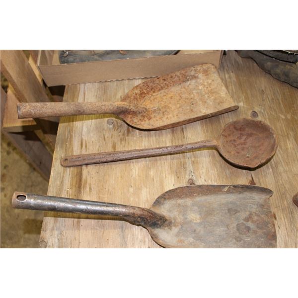 Vintage scoops, laddle, hand cranks, pitchfork