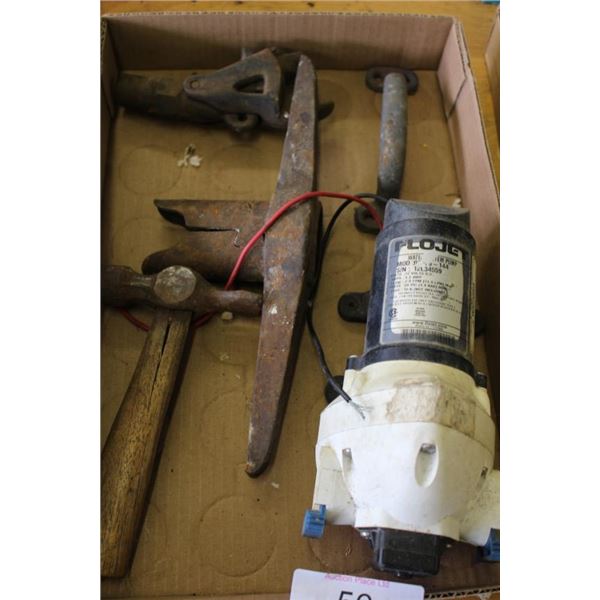 Small pipe wrench, retaining pins, hammers,