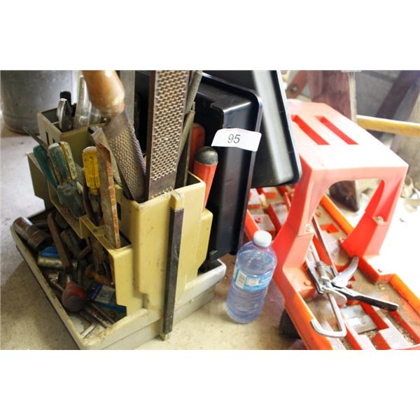 Tool carry tote, files, screwdrivers, rolling