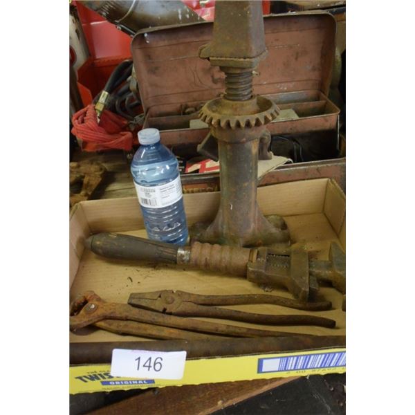 Pipe wrenches, vintage crank drill, retainer pin,